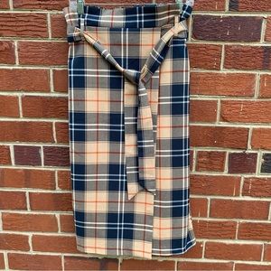 H&M Plaid belted paper bag waisted skirt knee length removable belt size 6